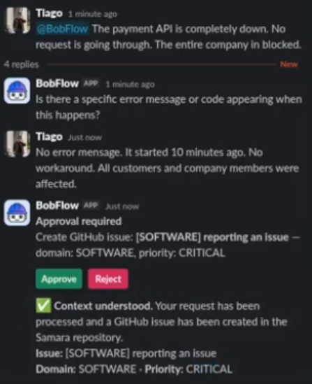 BobFlow in Slack: it asks a clarifying question, then creates a CRITICAL GitHub issue after approval